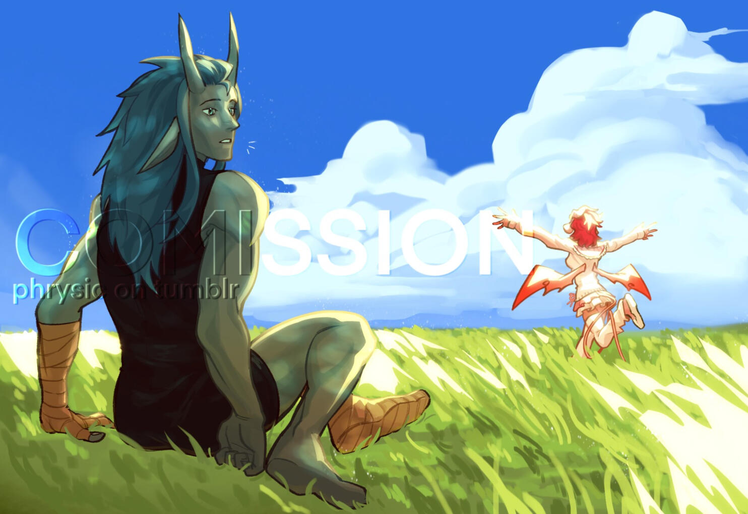 Full body (2 characters) ; complex background ; fully rendered. OCs belong to: @gilgameshin.bsky.social on bluesky, gilgameshine on discord